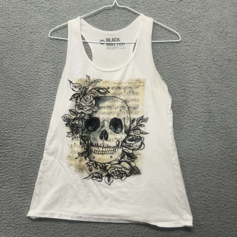 Skull Music Roases Tank Womens Medium Black Mater Gotic Top White